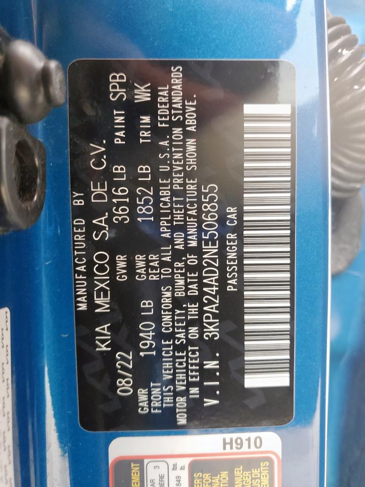 2022 Kia Rio Lx VIN: 3KPA24AD2NE506855 Lot: 58603075