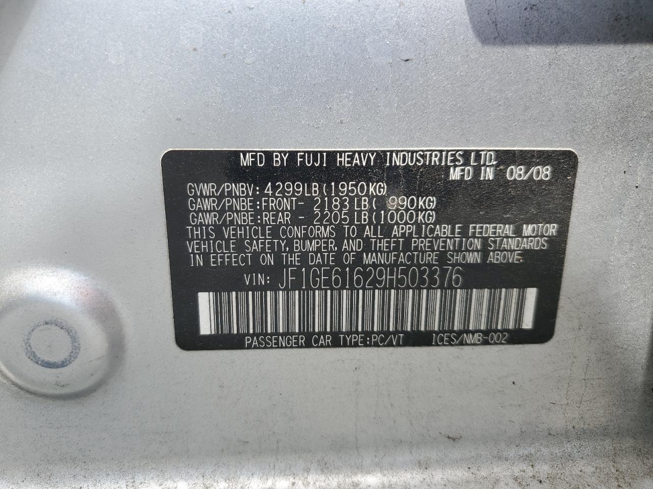 2009 Subaru Impreza 2.5I VIN: JF1GE61629H503376 Lot: 56644795