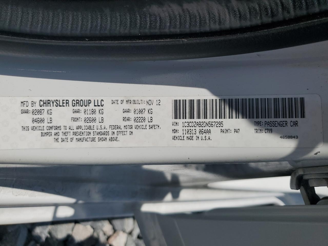 2013 Dodge Avenger Se VIN: 1C3CDZAB2DN567295 Lot: 57334255