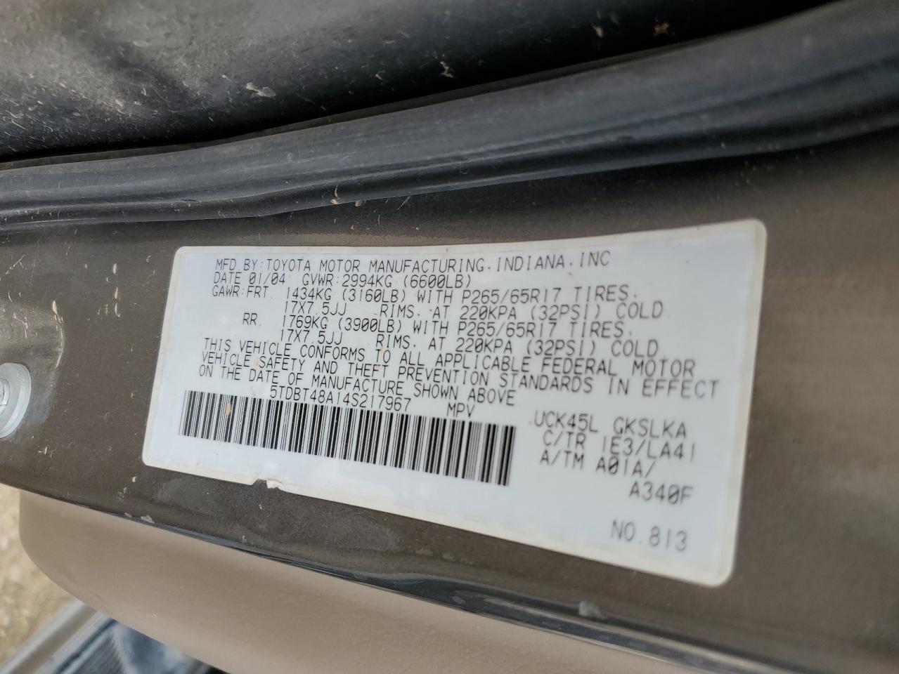 2004 Toyota Sequoia Limited VIN: 5TDBT48A14S217967 Lot: 56212865