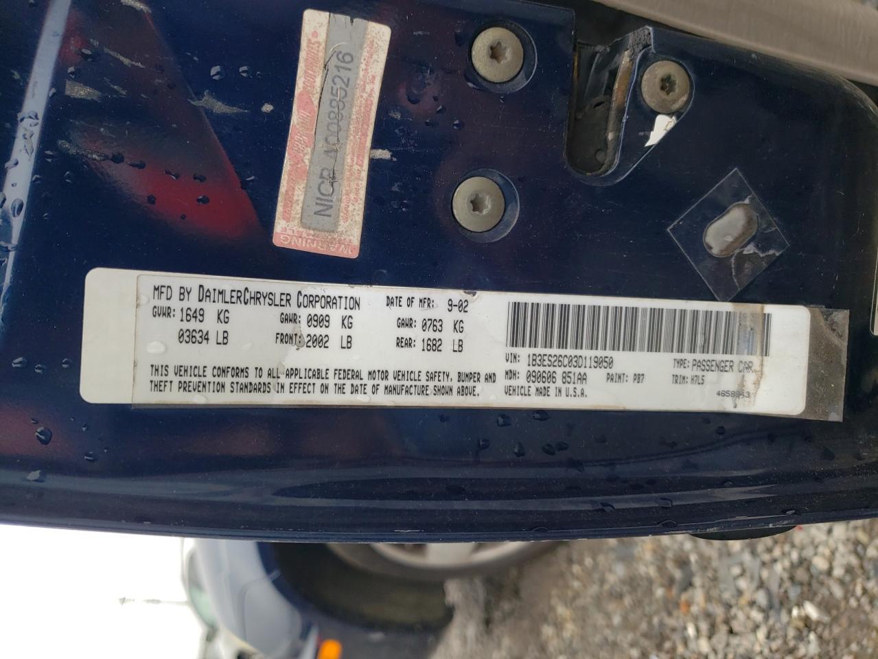 2003 Dodge Neon Se VIN: 1B3ES26C03D119050 Lot: 57053405