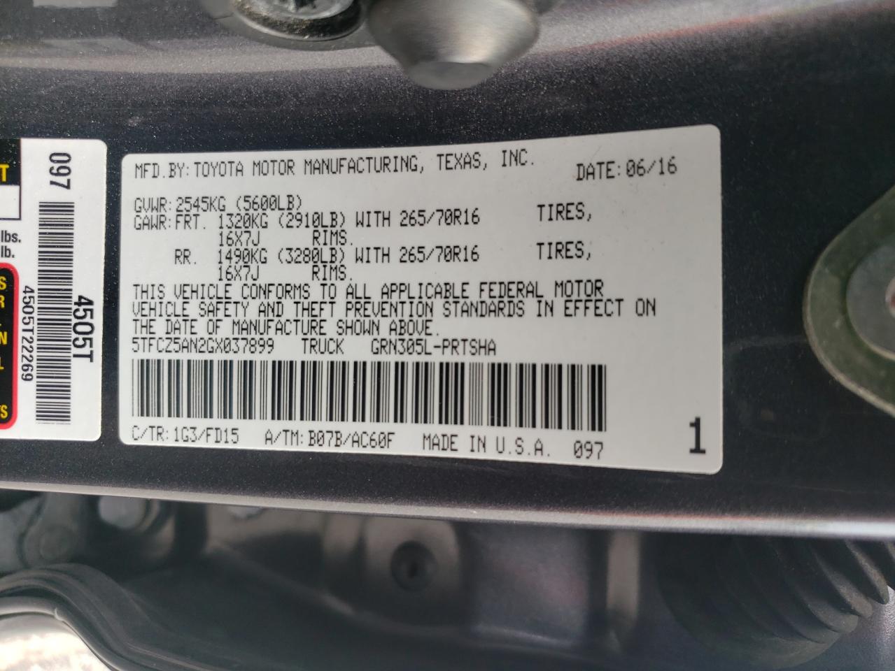 2016 Toyota Tacoma Double Cab VIN: 5TFCZ5AN2GX037899 Lot: 56768365