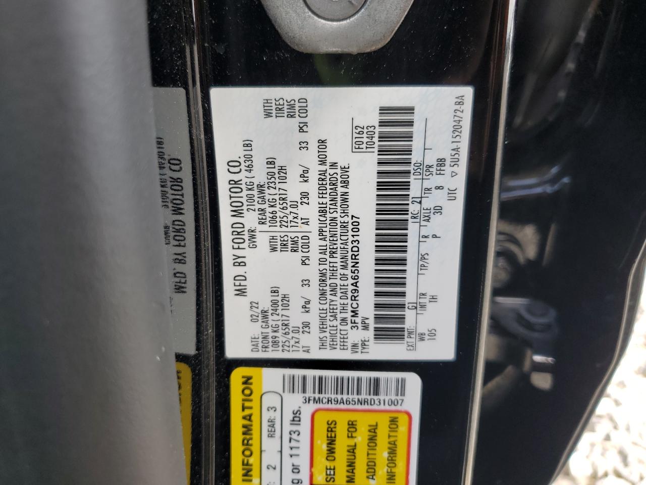 2022 Ford Bronco Sport VIN: 3FMCR9A65NRD31007 Lot: 57073415
