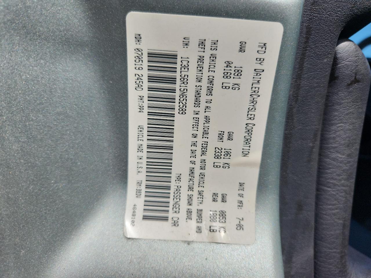 2005 Chrysler Sebring Touring VIN: 1C3EL56R15N652589 Lot: 58048945