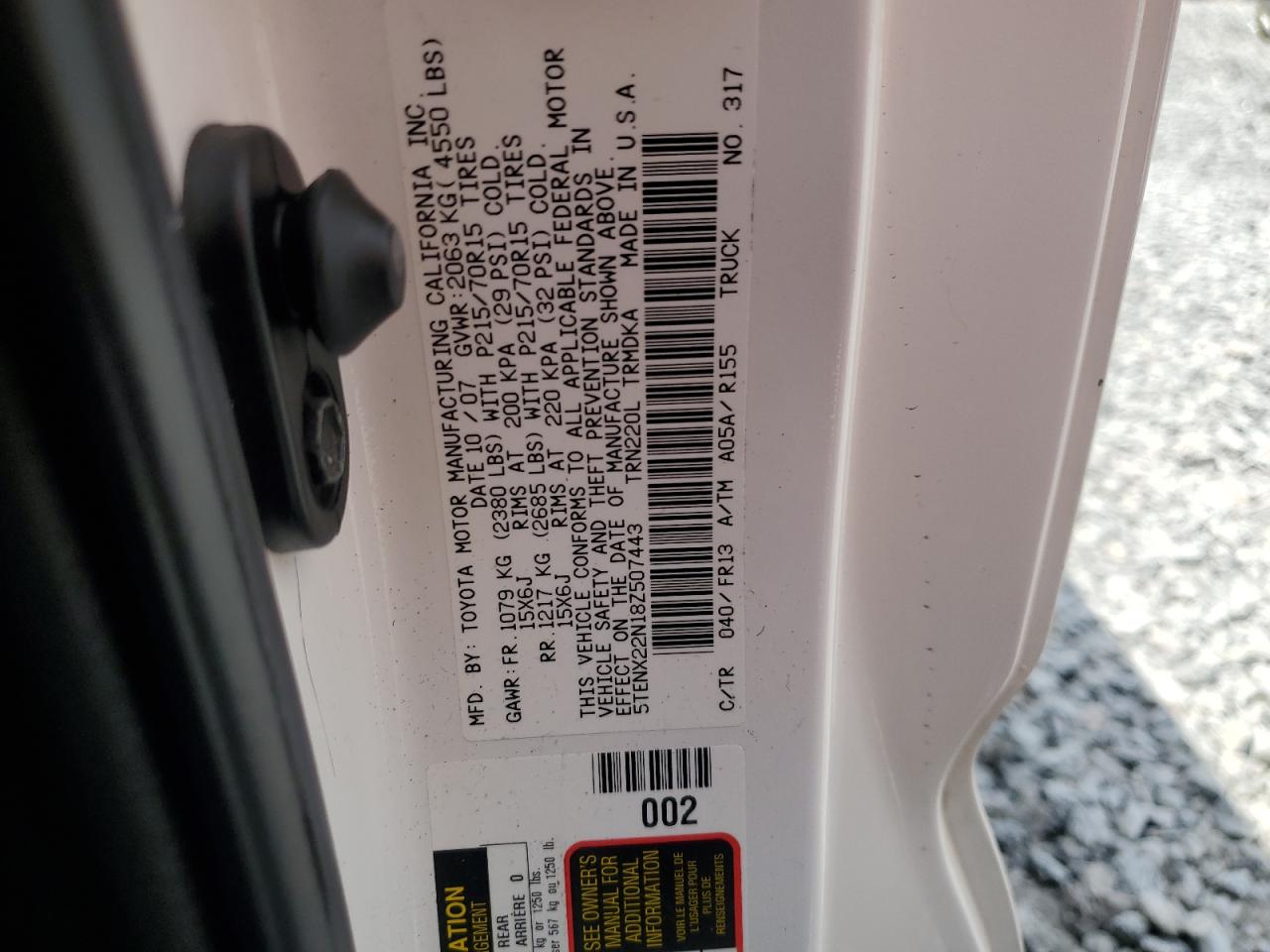2008 Toyota Tacoma VIN: 5TENX22N18Z507443 Lot: 57163835