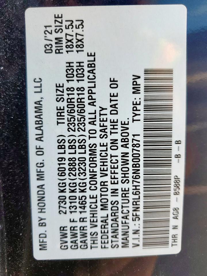 2022 Honda Odyssey Exl VIN: 5FNRL6H76NB007871 Lot: 54418275