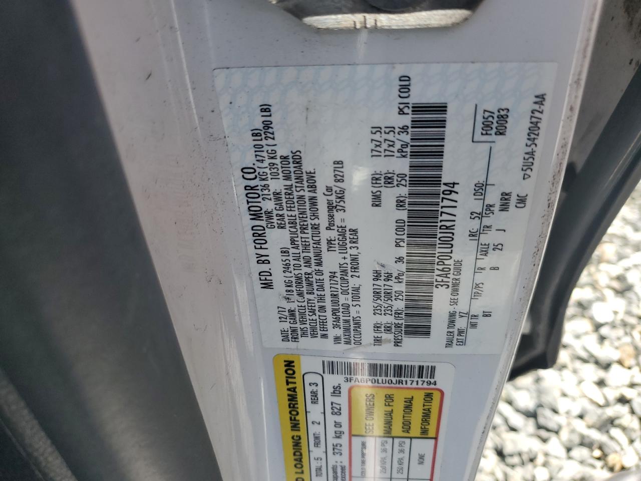 2018 Ford Fusion Se Hybrid VIN: 3FA6P0LU0JR171794 Lot: 54032065