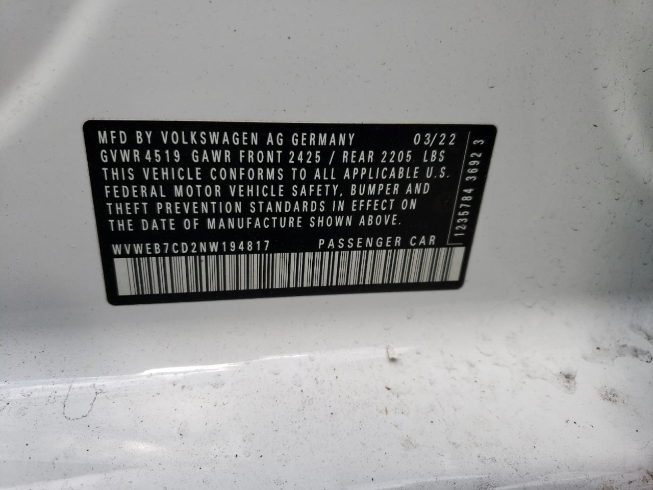 2022 Volkswagen Golf R VIN: WVWEB7CD2NW194817 Lot: 55263355