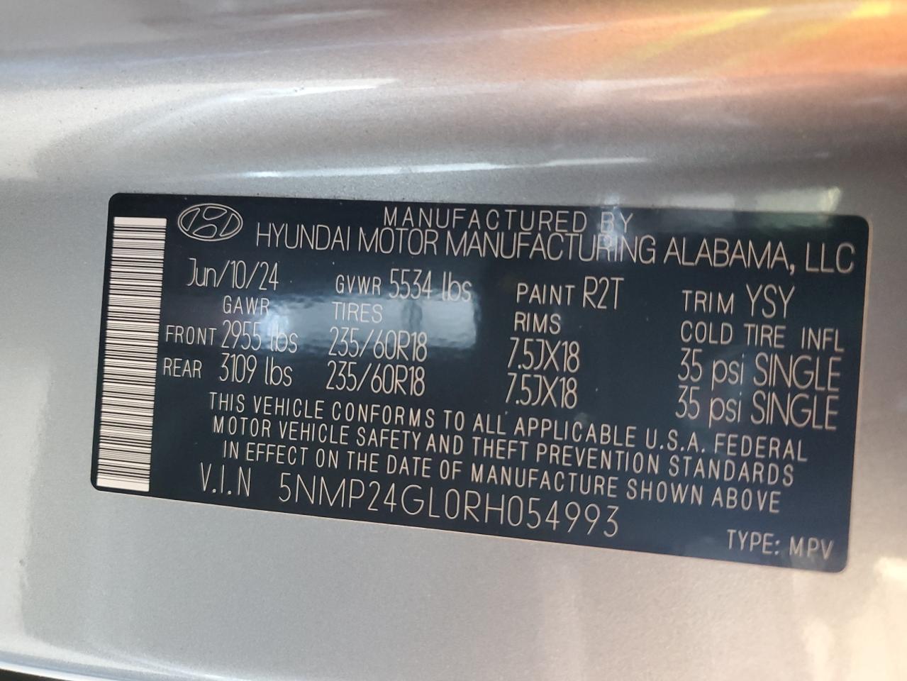 2024 Hyundai Santa Fe Sel VIN: 5NMP24GL0RH054993 Lot: 57271645