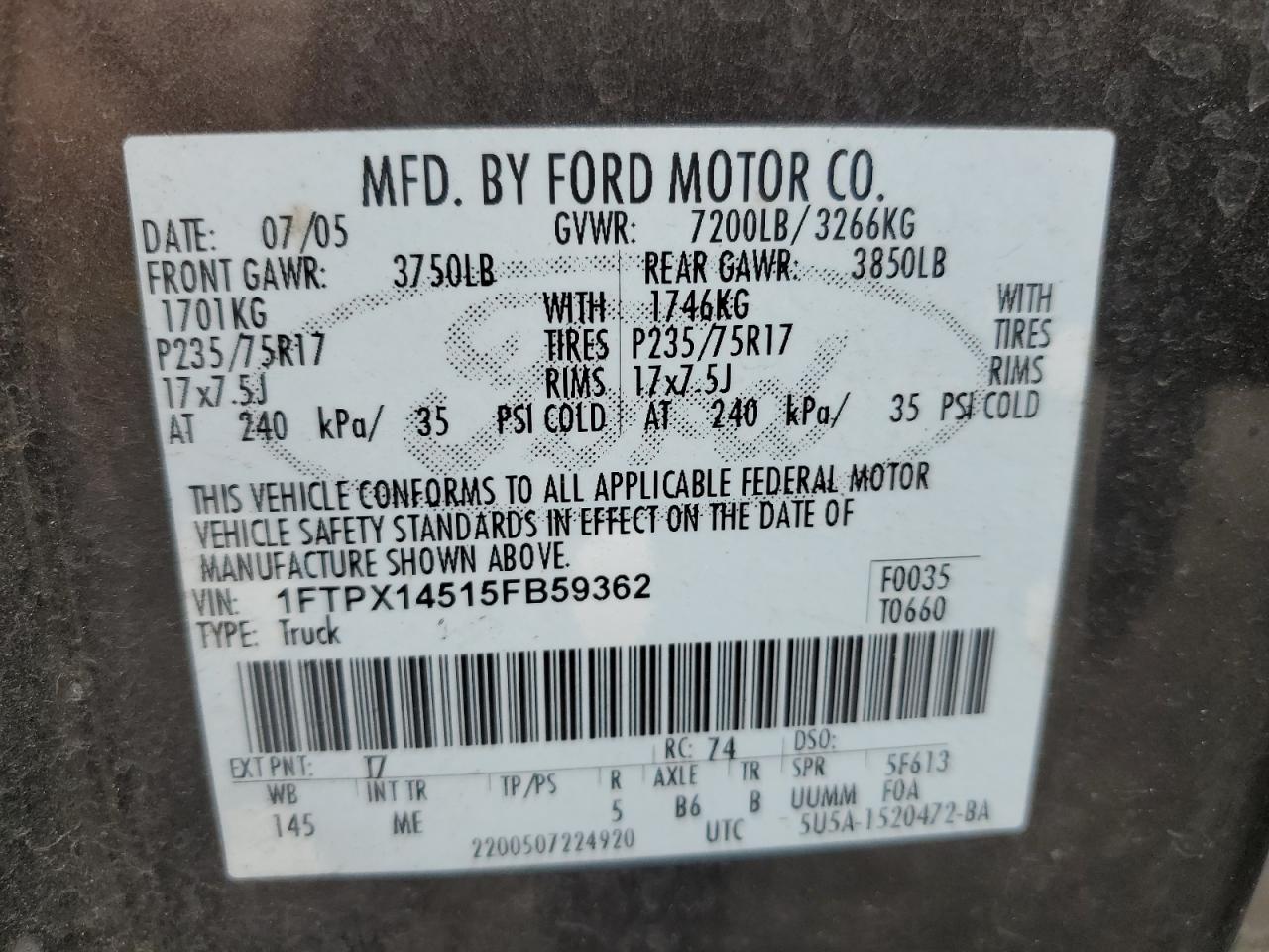 2005 Ford F150 VIN: 1FTPX14515FB59362 Lot: 56751995