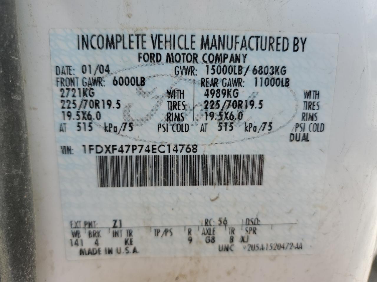 2004 Ford F450 Super Duty VIN: 1FDXF47P74EC14768 Lot: 56197595