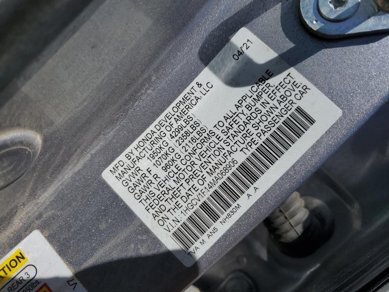 2021 Honda Accord Lx VIN: 1HGCV1F14MA068906 Lot: 56334395