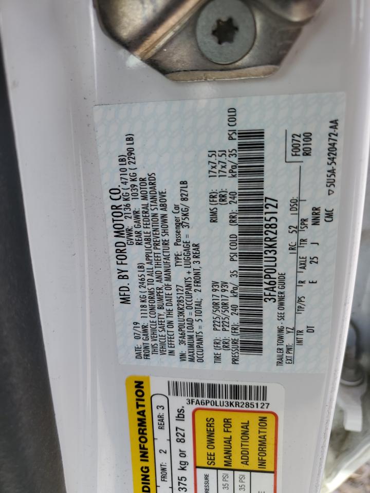 2019 Ford Fusion Se VIN: 3FA6P0LU3KR285127 Lot: 54026335