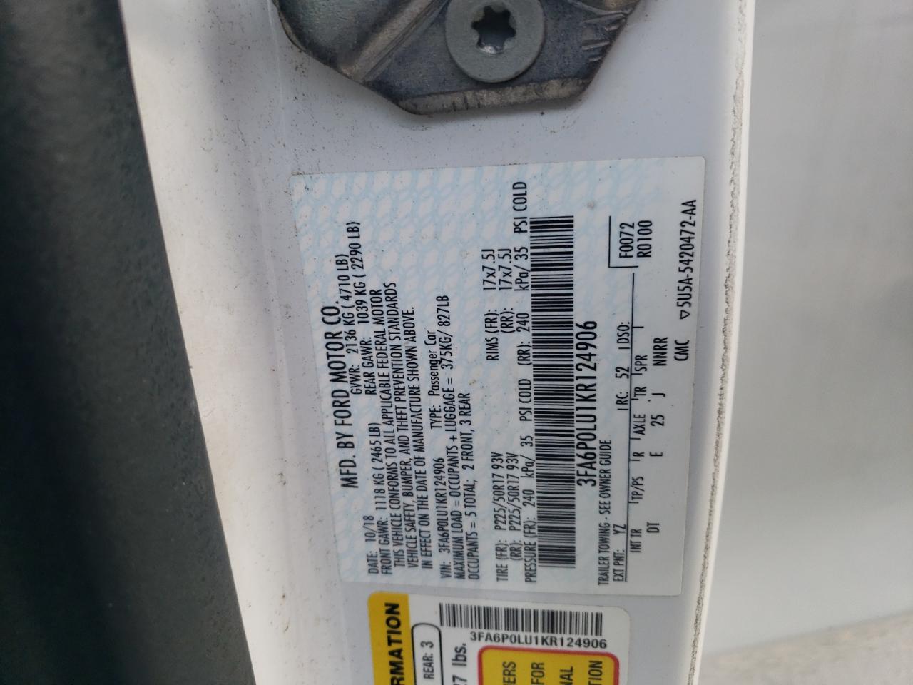 2019 Ford Fusion Se VIN: 3FA6P0LU1KR124906 Lot: 55084645