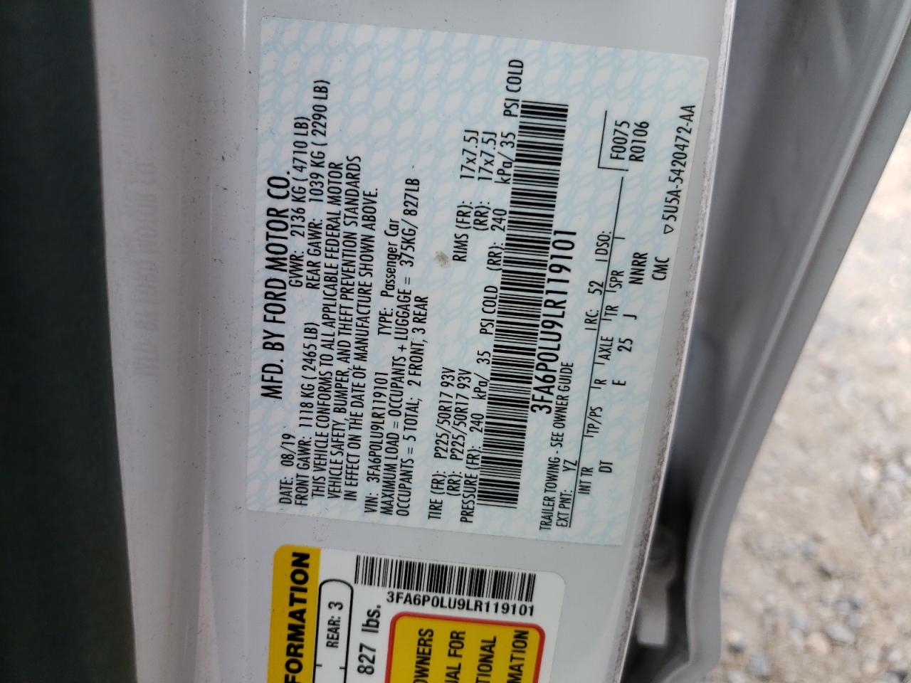 2020 Ford Fusion Se VIN: 3FA6P0LU9LR119101 Lot: 54037395