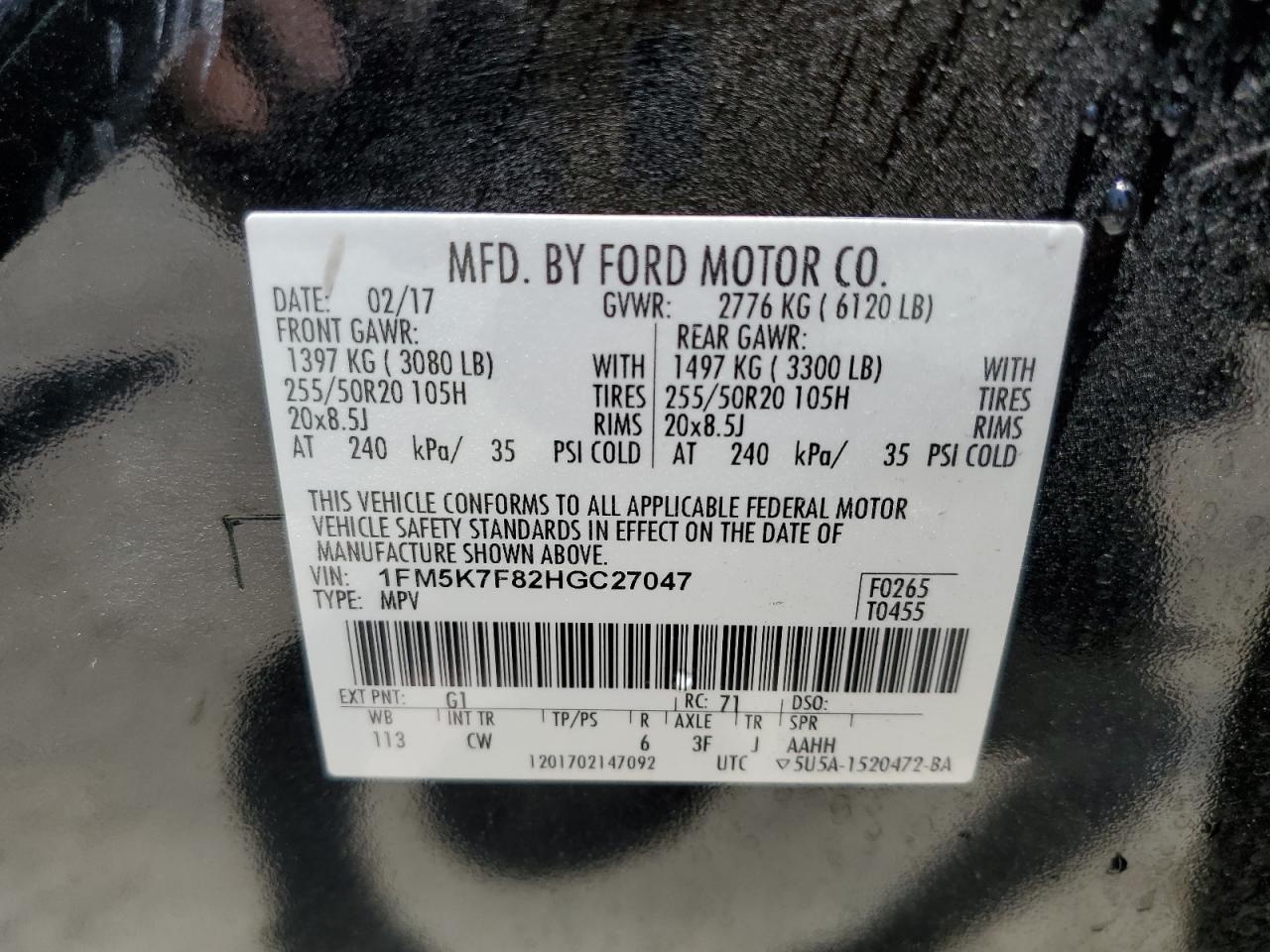 2017 Ford Explorer Limited VIN: 1FM5K7F82HGC27047 Lot: 57106465