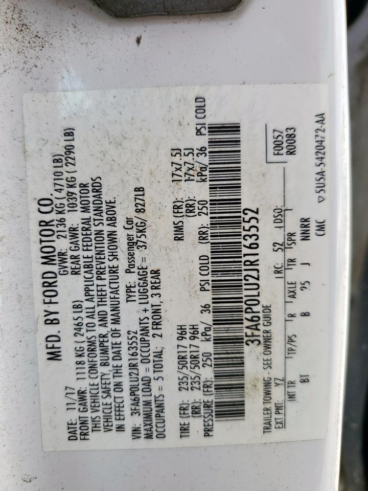 2018 Ford Fusion Se Hybrid VIN: 3FA6P0LU2JR163552 Lot: 54035135