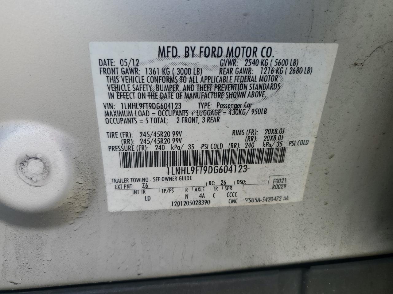 2013 Lincoln Mks VIN: 1LNHL9FT9DG604123 Lot: 56054255