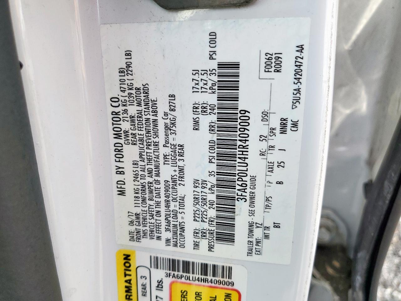 2017 Ford Fusion Se Hybrid VIN: 3FA6P0LU4HR409009 Lot: 54029405