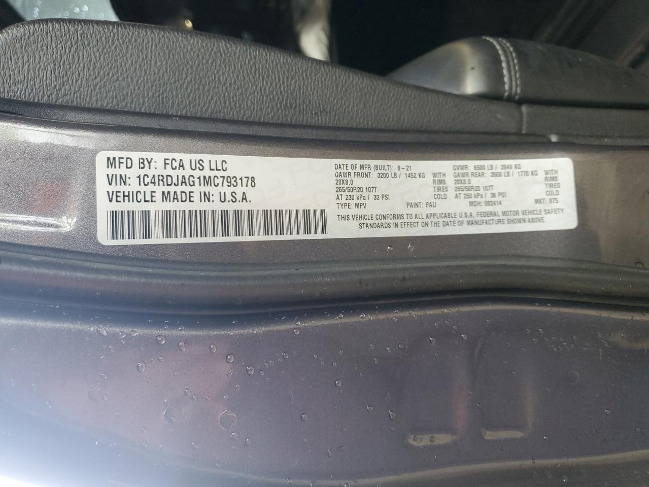 2021 Dodge Durango Sxt VIN: 1C4RDJAG1MC793178 Lot: 57764015