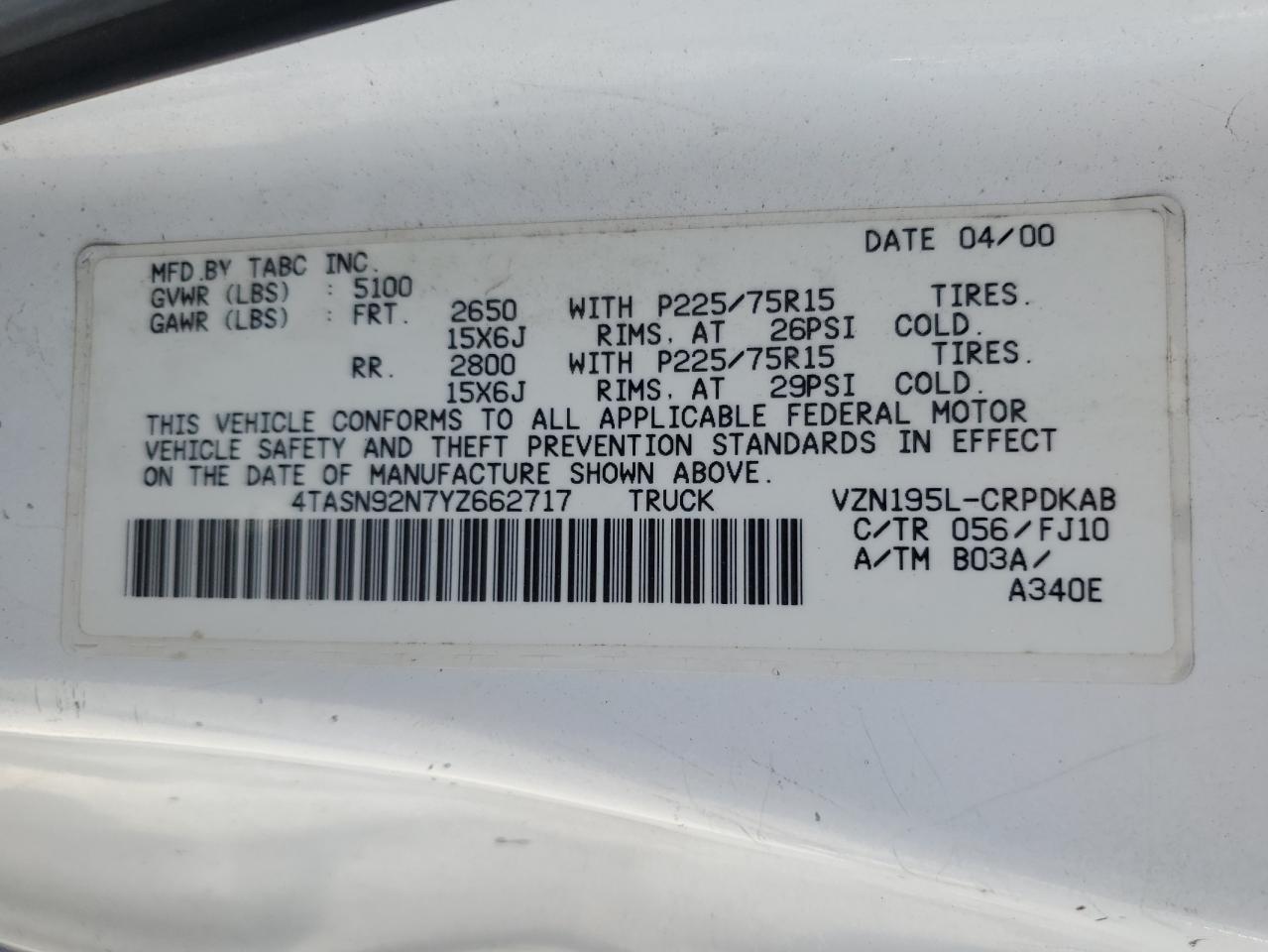 2000 Toyota Tacoma Xtracab Prerunner VIN: 4TASN92N7YZ662717 Lot: 58703535