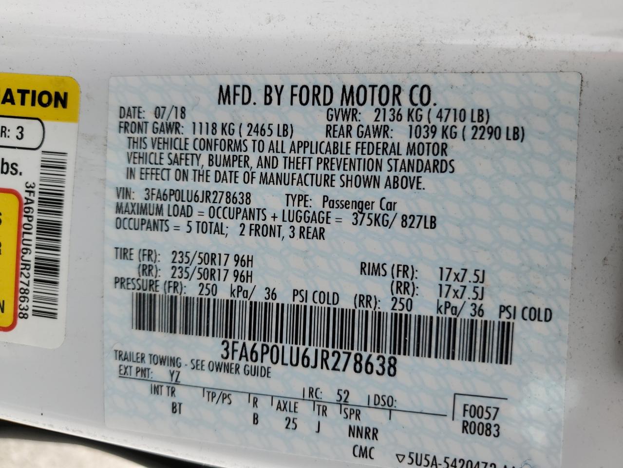 2018 Ford Fusion Se Hybrid VIN: 3FA6P0LU6JR278638 Lot: 54042565