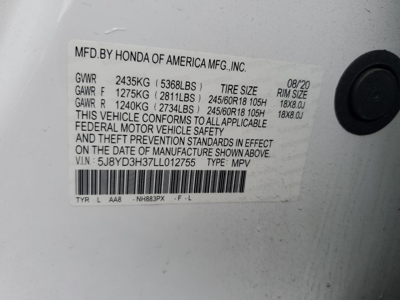 2020 Acura Mdx VIN: 5J8YD3H37LL012755 Lot: 56827235
