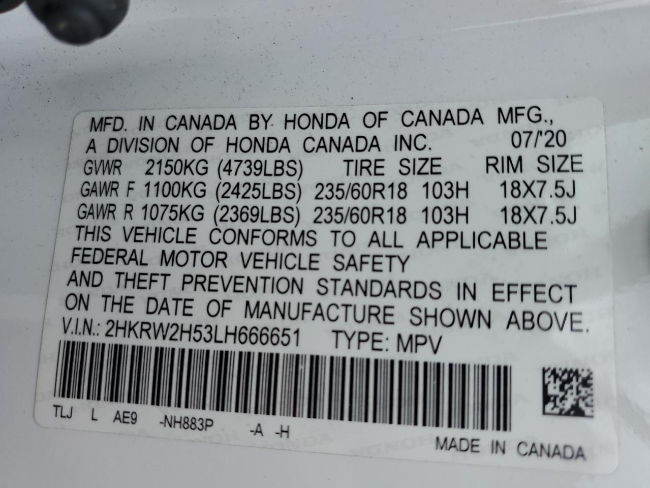 2020 Honda Cr-V Ex VIN: 2HKRW2H53LH666651 Lot: 57455485