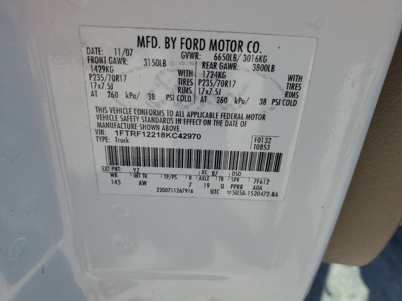 2008 Ford F150 VIN: 1FTRF12218KC42970 Lot: 57423685