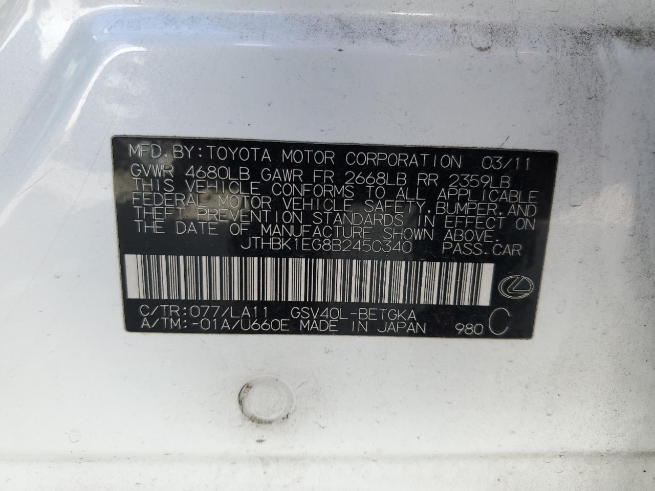 2011 Lexus Es 350 VIN: JTHBK1EG8B2450340 Lot: 56718115