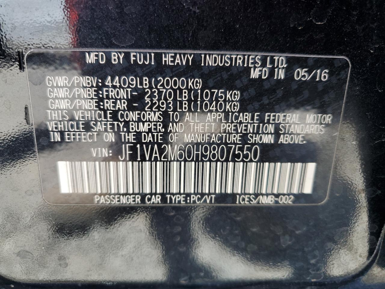 2017 Subaru Wrx Sti VIN: JF1VA2M60H9807550 Lot: 57182395