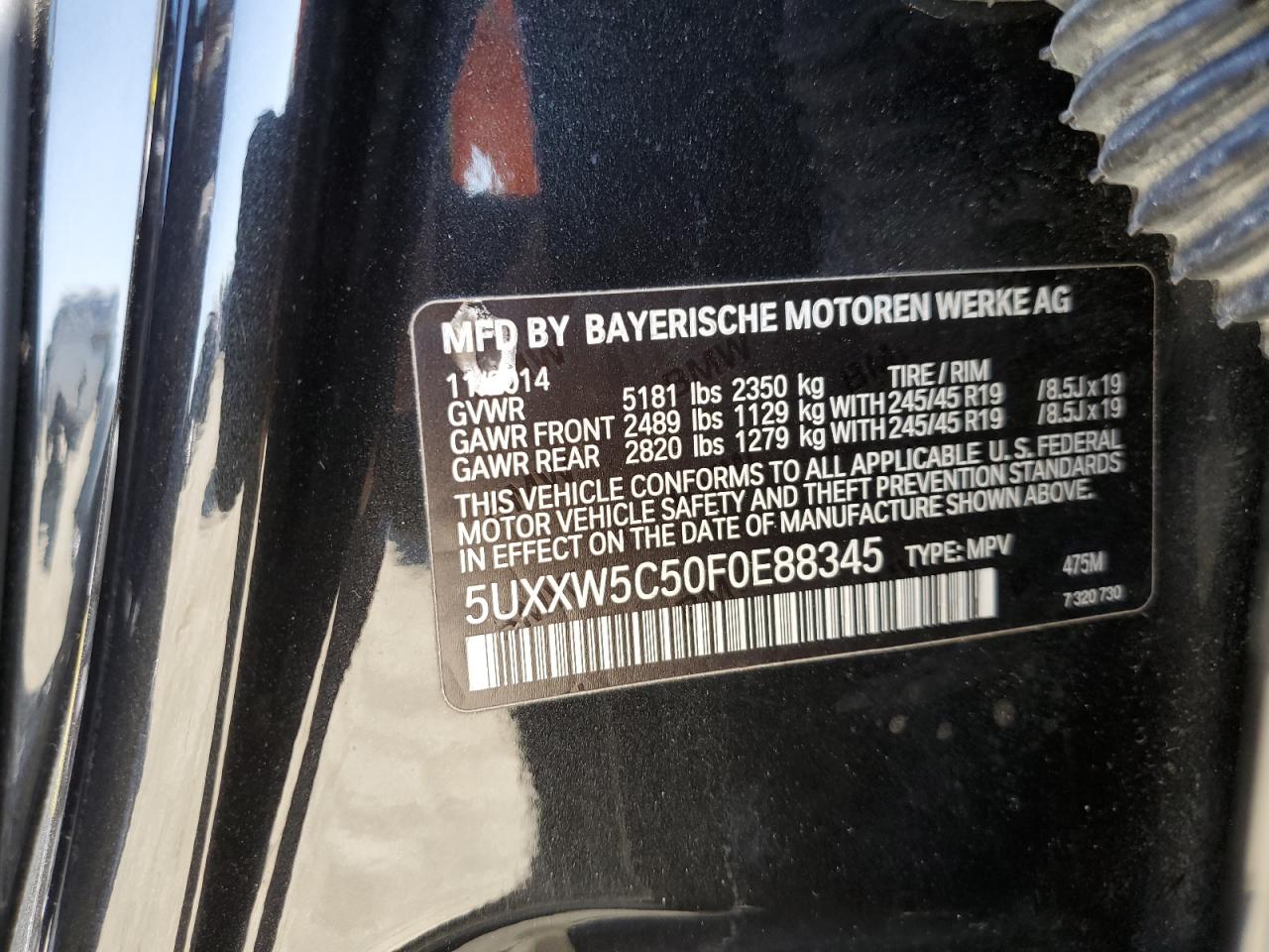 2015 BMW X4 xDrive35I VIN: 5UXXW5C50F0E88345 Lot: 56070715