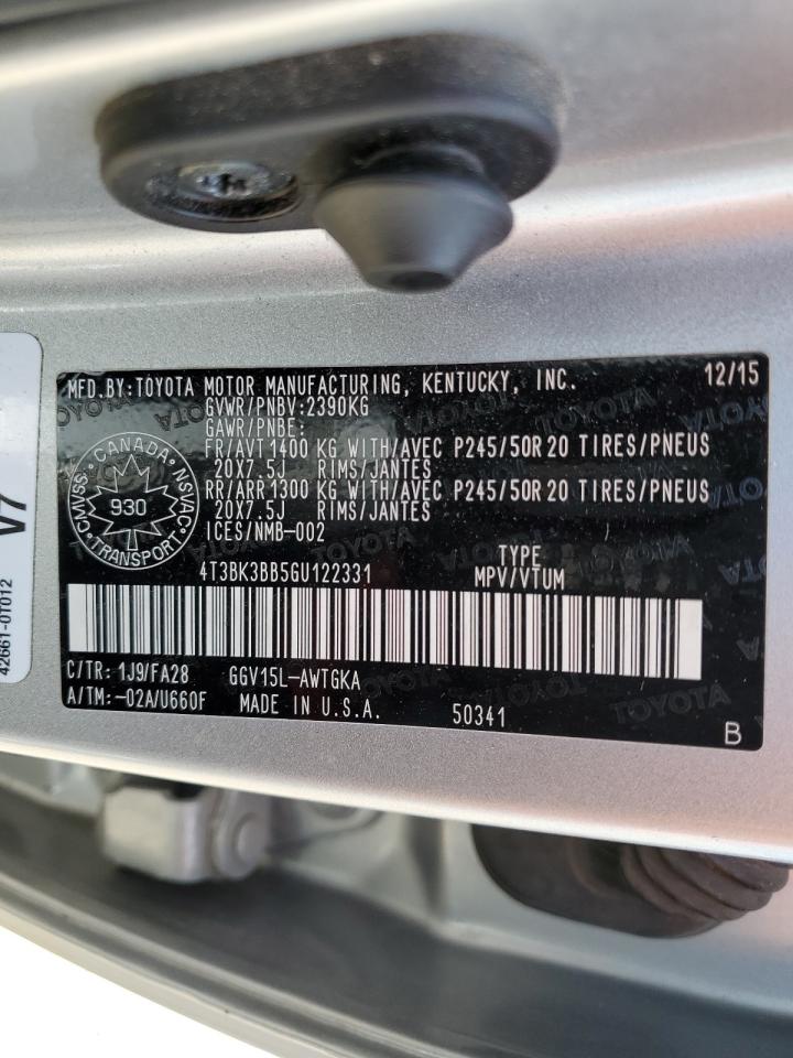 2016 Toyota Venza Xle VIN: 4T3BK3BB5GU122331 Lot: 55944365