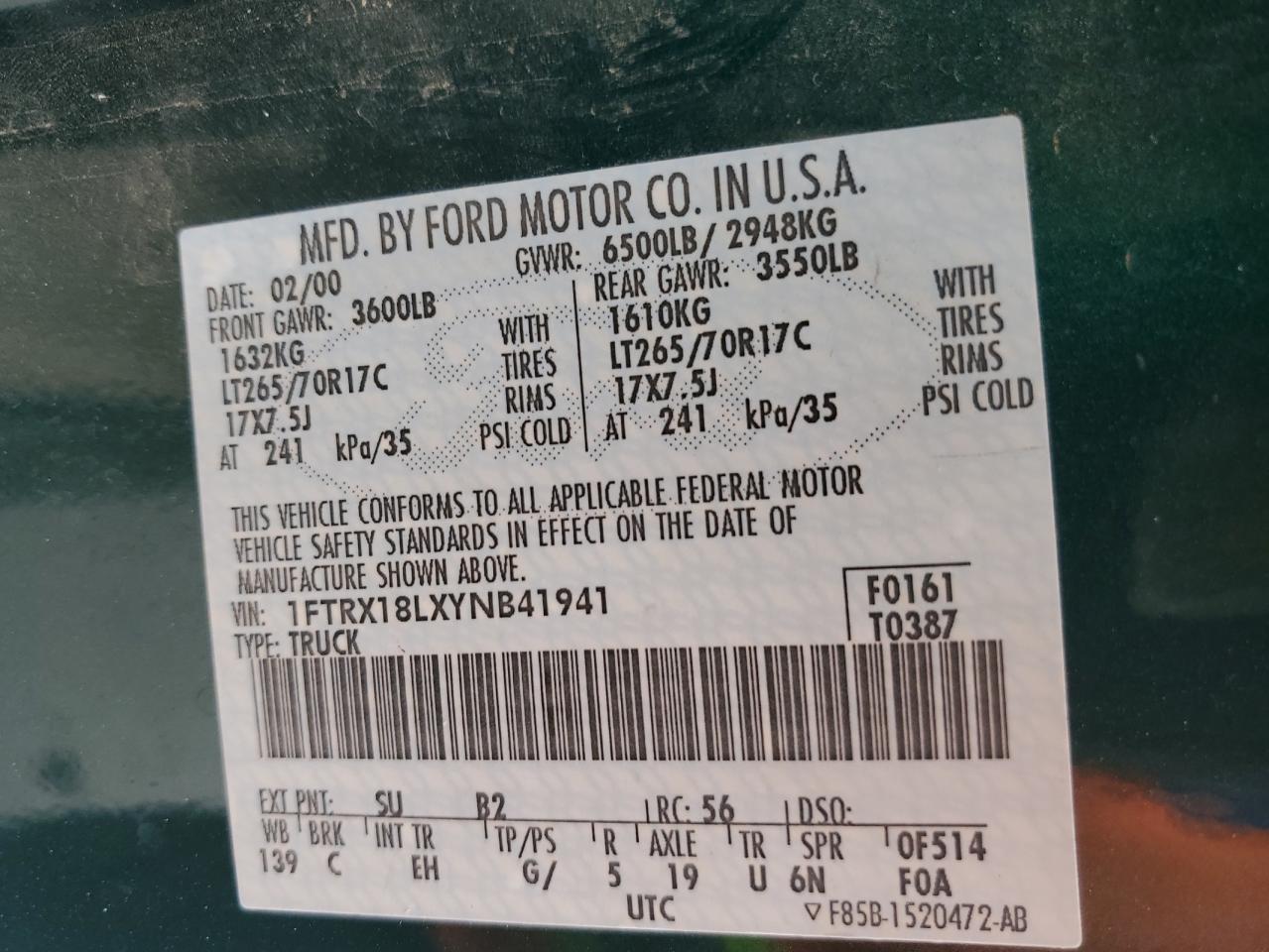 2000 Ford F150 VIN: 1FTRX18LXYNB41941 Lot: 58912835
