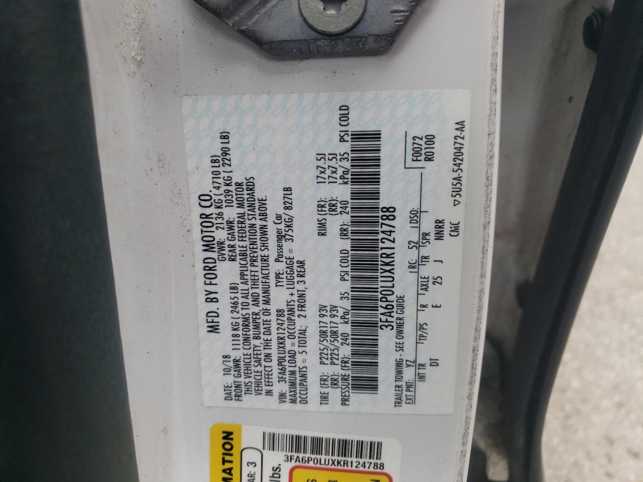 2019 Ford Fusion Se VIN: 3FA6P0LUXKR124788 Lot: 54029015