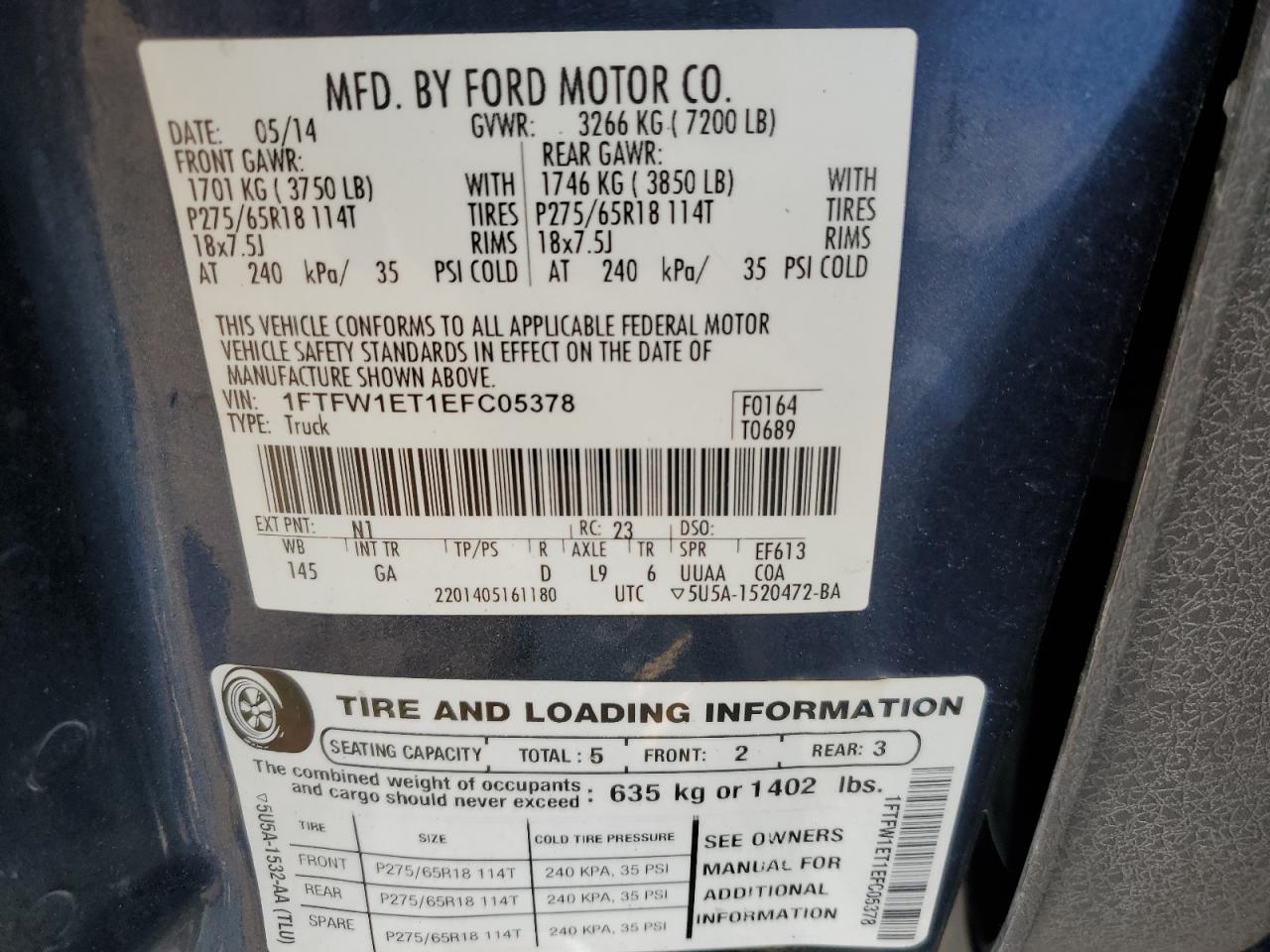 2014 Ford F150 Supercrew VIN: 1FTFW1ET1EFC05378 Lot: 56837885