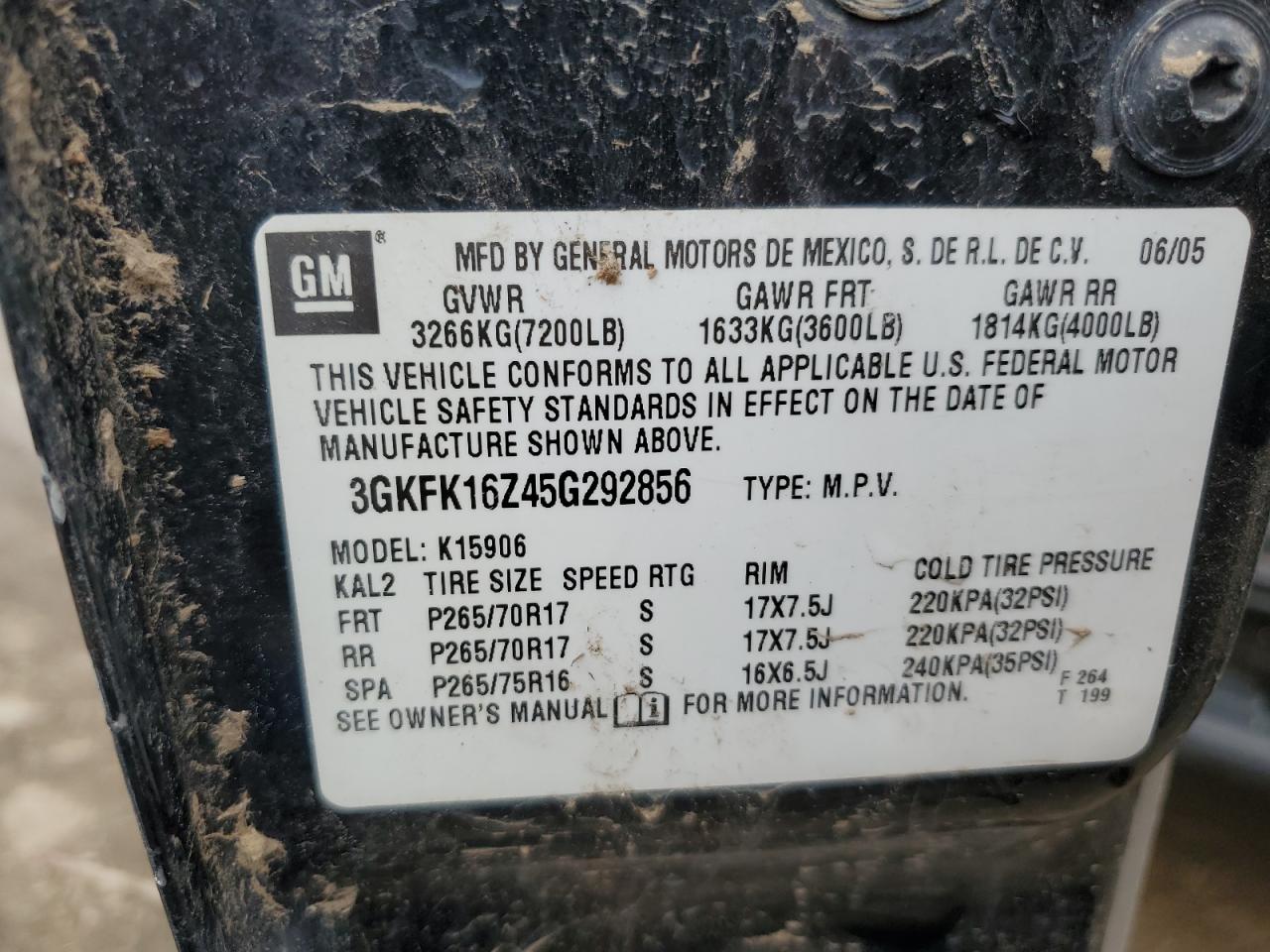 2005 GMC Yukon Xl K1500 VIN: 3GKFK16Z45G292856 Lot: 58518935