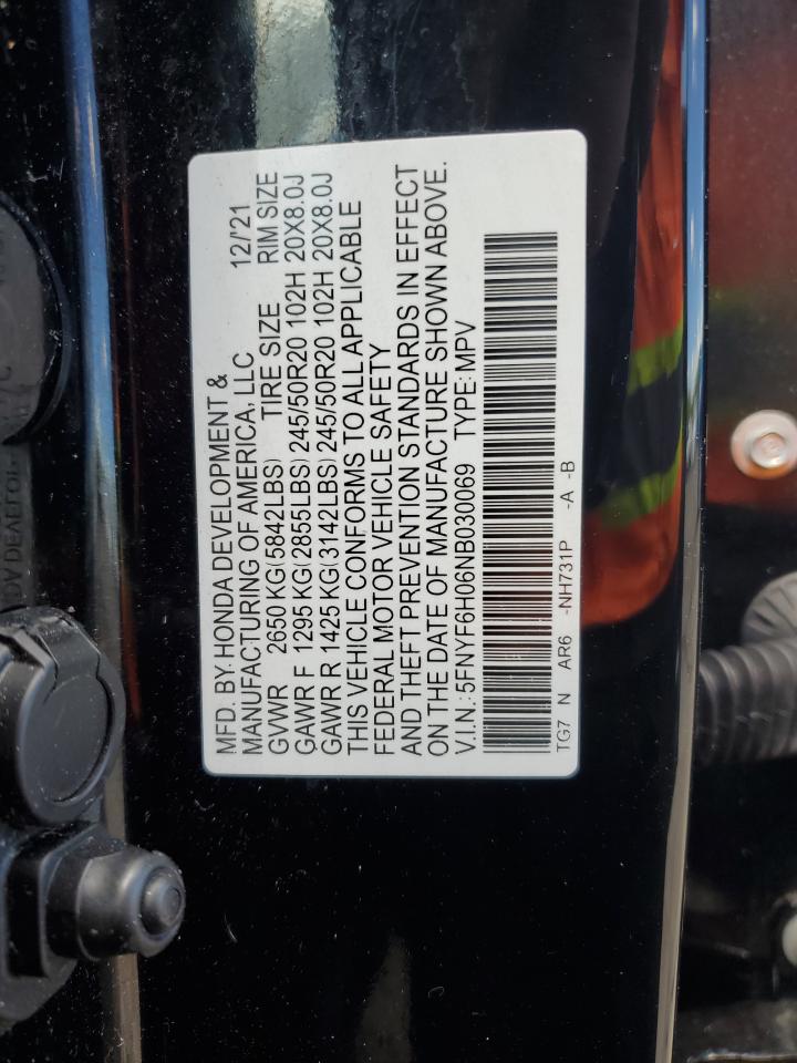 2022 Honda Pilot Elite VIN: 5FNYF6H06NB030069 Lot: 56132865