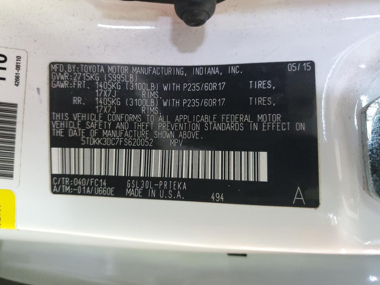 2015 Toyota Sienna Le VIN: 5TDKK3DC7FS620052 Lot: 56985425