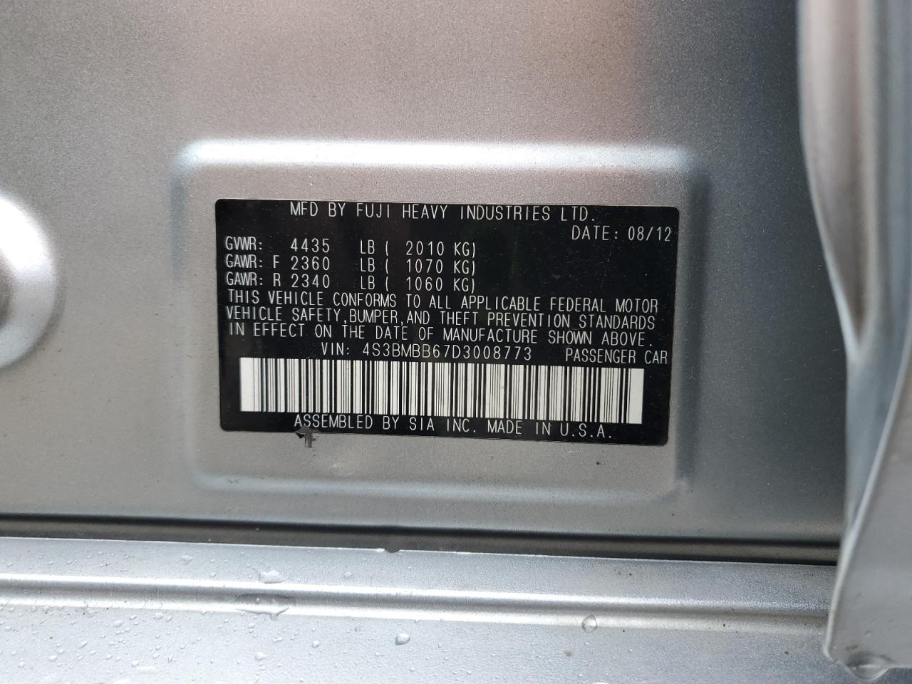 2013 Subaru Legacy 2.5I Premium VIN: 4S3BMBB67D3008773 Lot: 58816065