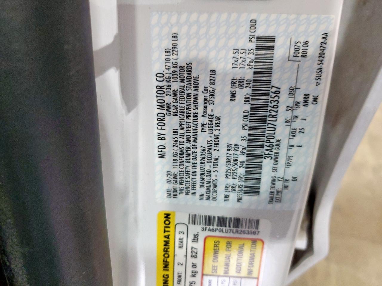 2020 Ford Fusion Se VIN: 3FA6P0LU7LR263567 Lot: 54025985