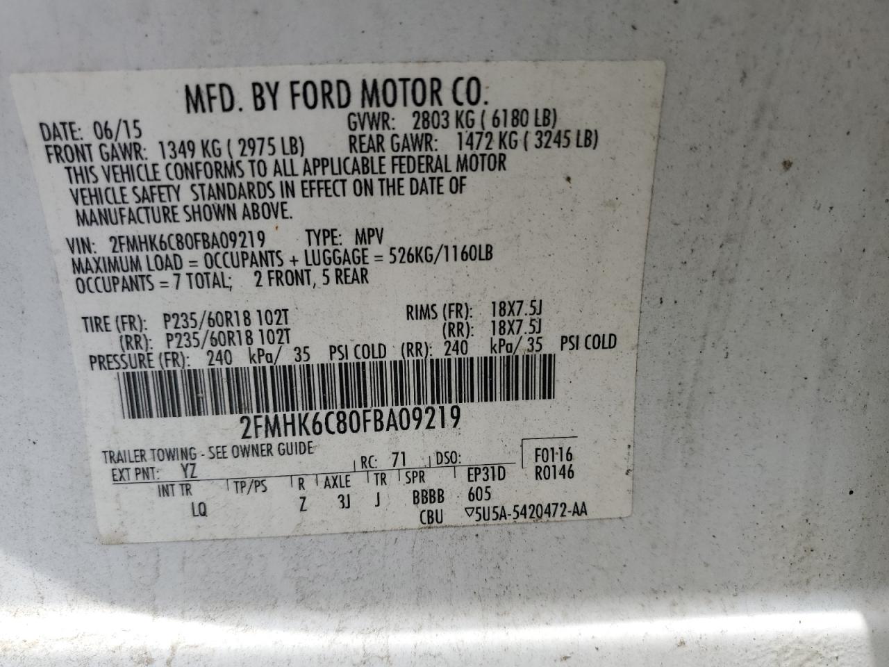 2015 Ford Flex Sel VIN: 2FMHK6C80FBA09219 Lot: 56642005