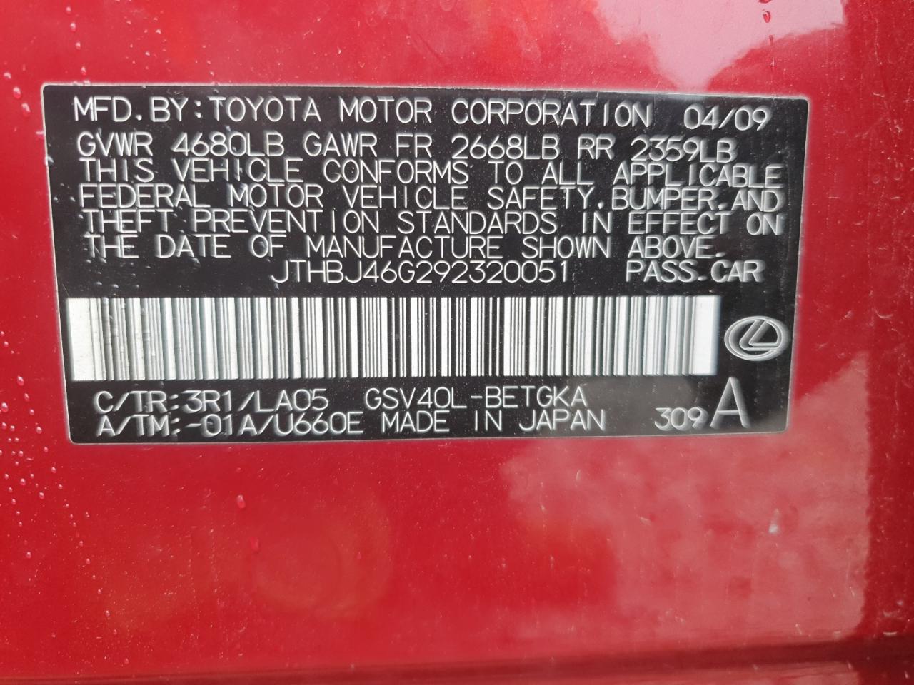 2009 Lexus Es 350 VIN: JTHBJ46G292320051 Lot: 57298115