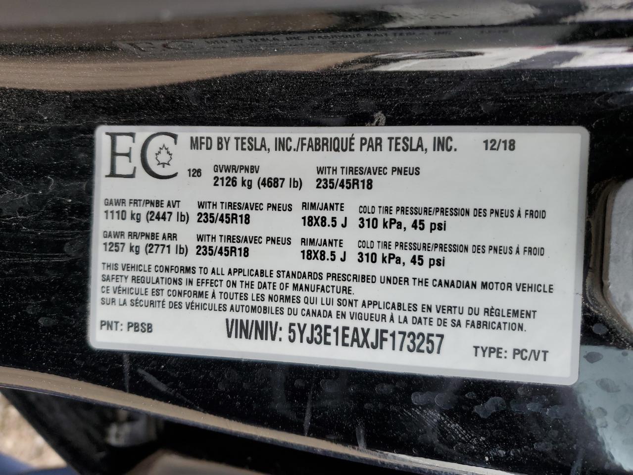 2018 Tesla Model 3 VIN: 5YJ3E1EAXJF173257 Lot: 57611555