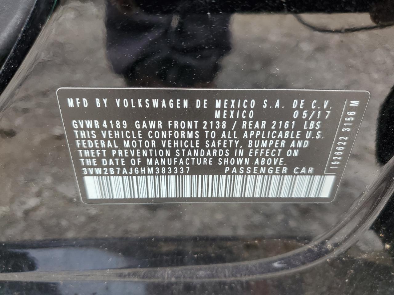 2017 Volkswagen Jetta S VIN: 3VW2B7AJ6HM383337 Lot: 57816745