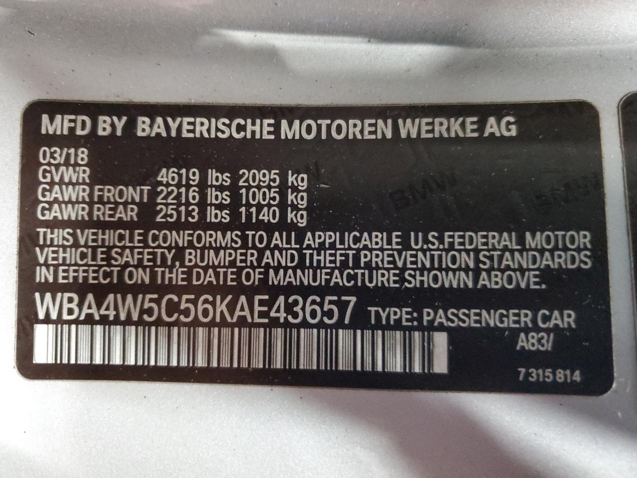 2019 BMW 430Xi VIN: WBA4W5C56KAE43657 Lot: 57573275