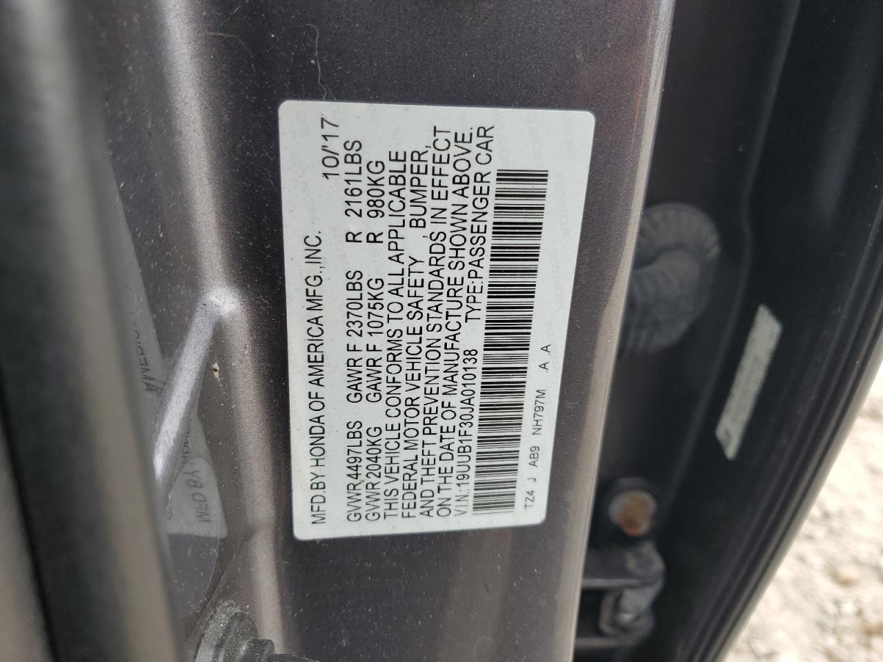 2018 Acura Tlx VIN: 19UUB1F30JA010138 Lot: 59078685