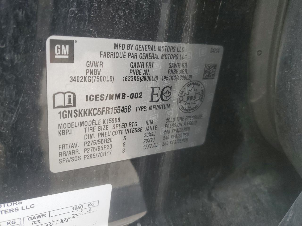 2015 Chevrolet Suburban K1500 Ltz VIN: 1GNSKKKC6FR155458 Lot: 57152895