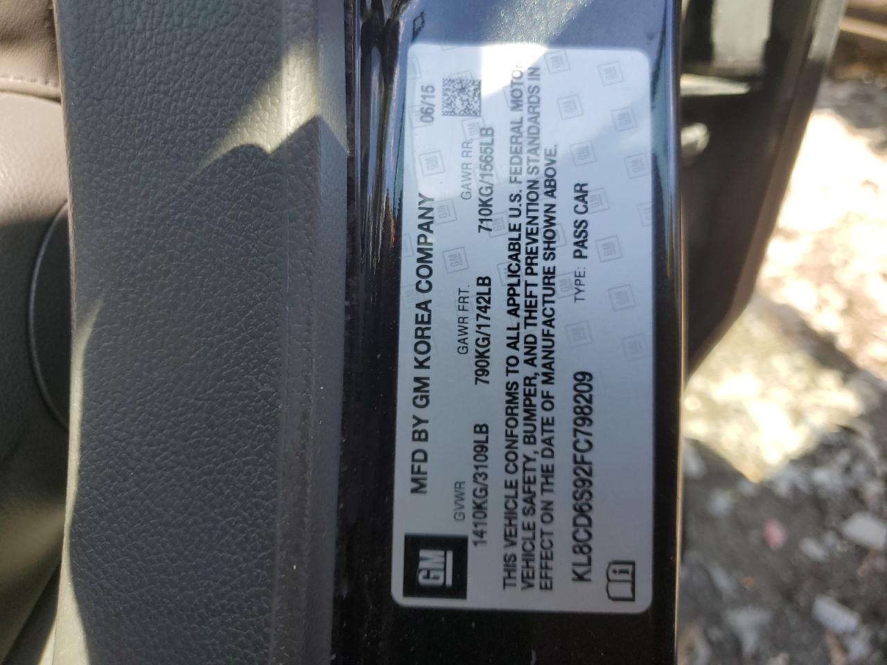 2015 Chevrolet Spark 1Lt VIN: KL8CD6S92FC798209 Lot: 57981125