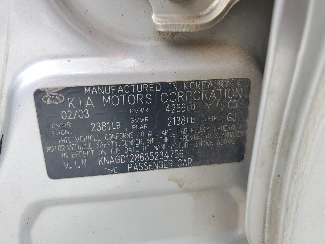 2003 Kia Optima Lx VIN: KNAGD128635234756 Lot: 56122915